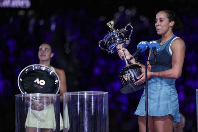 Madison Keys celebrates winning the Women s Singles final match against Sabalenka in the Rod Laver Arena Australian Open, Day Fourteen, Tennis, Melbourne Park, Melbourne, Australia - 25 Jan 2025  Copyright: xEllaxLing Shutterstockx 15108786ai