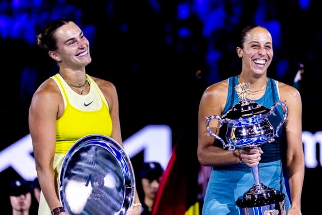 MELBOURNE, VIC - JANUARY 25: Madison Keys of the United States of America and Aryna Sabalenka of Belarus hold their respective trophies at the end of their Women s Singles Finals match of the 2025 Australian Open on January 25 2025, at Melbourne Park in Melbourne, Australia. (Photo by Jason Heidrich Icon Sportswire) TENNIS: JAN 25 Australian Open EDITORIAL USE ONLY Icon250125013