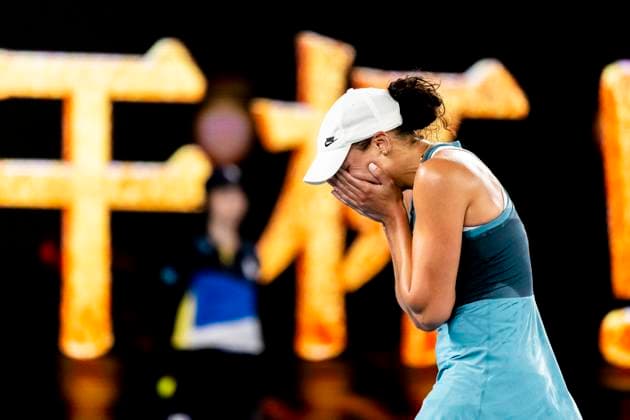 MELBOURNE, VIC - JANUARY 25: Madison Keys of the United States of America shows her disbelief after winning the Women s Singles Finals of the 2025 Australian Open on January 25 2025, at Melbourne Park in Melbourne, Australia. (Photo by Jason Heidrich Icon Sportswire) TENNIS: JAN 25 Australian Open EDITORIAL USE ONLY Icon250125022