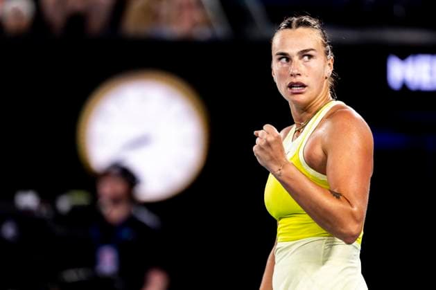 MELBOURNE, VIC - JANUARY 25: Aryna Sabalenka of Belarus celebrates during the Women s Singles Finals of the 2025 Australian Open on January 25 2025, at Melbourne Park in Melbourne, Australia. (Photo by Jason Heidrich Icon Sportswire) TENNIS: JAN 25 Australian Open EDITORIAL USE ONLY Icon250125120