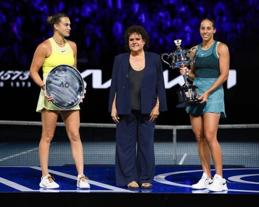 Tennis legend Evonne Goolagong Cawley, Madison Keys USA and finalist Aryna Sabalenka Award ceremony, Presentation, Australian Open 2025, Melbourne Park, Melbourne, Victoria, Australia Copyright: xJuergenxHasenkopfx