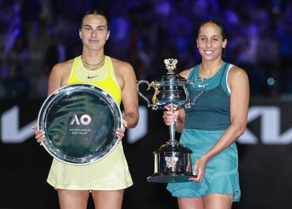Winner Madison Keys USA and finalist Aryna Sabalenka, Award Ceremony, Presentation, Australian Open 2025, Melbourne Park, Melbourne, Victoria, Australia Copyright: xJuergenxHasenkopfx