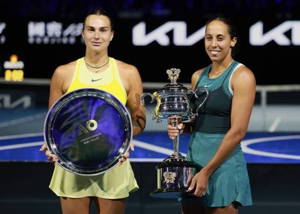 Winner Madison Keys USA and finalist Aryna Sabalenka, Award Ceremony, Presentation, Australian Open 2025, Melbourne Park, Melbourne, Victoria, Australia Copyright: xJuergenxHasenkopfx