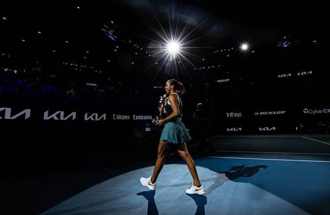 (250125) -- MELBOURNE, Jan. 25, 2025 -- Madison Key reacts during the awarding ceremony after the women s singles final between Aryna Sabalenka of Belarus and Madison Keys of the United States at Australian Open tennis tournament in Melbourne, Australia, Jan. 25, 2025. (Photo by Xinhua) (SP)AUSTRALIA-MELBOURNE-TENNIS-AUSTRALIAN OPEN-WOMEN S SINGLES-FINAL HuxJingchen 