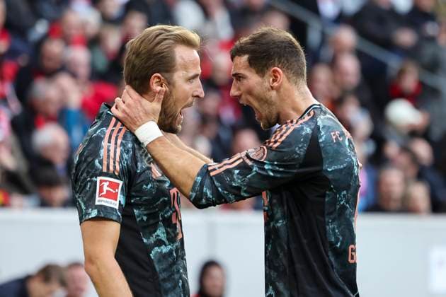 Bilder des Jahres 2025, Sport 01 Januar Sport Themen der Woche KW04 Sport Bilder des Tages Torjubel FC Bayern München beim 0:1 durch Harry Kane (FC Bayern München, 09), mit Leon Goretzka (FC Bayern München, 08) , Fussball, 1. Bundesliga, 19.Spieltag, 2024 2025, SC Freiburg vs. FC Bayern München, 25.01.2025, Europa-Park Stadion , Freiburg im Breisgau, Deutschland DFL REGULATIONS PROHIBIT ANY USE OF PHOTOGRAPHS AS IMAGE SEQUENCES AND OR QUASI-VIDEO. Freiburg im Breisgau Europa-Park Stadion Baden-Württemberg Deutschland *** Goal celebration FC Bayern Munich at 0 1 by Harry Kane FC Bayern Munich, 09 , with Leon Goretzka FC Bayern Munich, 08 , Soccer, 1 Bundesliga, 19 Matchday, 2024 2025, SC Freiburg vs FC Bayern Munich, 25 01 2025, Europa Park Stadion , Freiburg im Breisgau, Germany DFL REGULATIONS PROHIBIT ANY USE OF PHOTOGRAPHS AS IMAGE SEQUENCES AND OR QUASI VIDEO Freiburg im Breisgau Europa Park Stadion Baden Württemberg Germany Copyright: xGrantxHubbsx