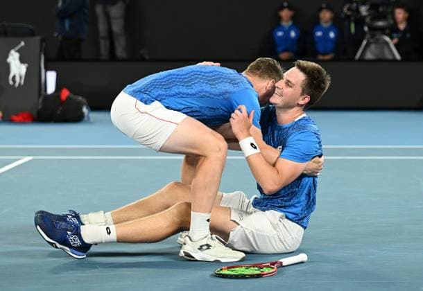 TENNIS AUSTRALIAN OPEN, Harri Heliovaara of Finland (left) reacts with Henry Patten of Great Britain after winning the men s doubles final against Simone Bolelli and Andrea Vavassori of Italy during the 2025 Australian Open at Melbourne Park in Melbourne, Saturday, January 25, 2025. ( NO ARCHIVING, EDITORIAL USE ONLY, NO USE IN BOOKS WITHOUT CONSENT MELBOURNE VICTORIA AUSTRALIA  Copyright: xJAMESxROSSx 20250126149267796705