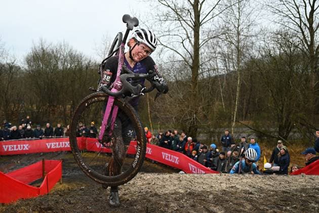 French Adele Hurteloup pictured in action during the women s elite race at the World Cup cyclocross cycling event in Maasmechelen, Belgium, stage 11 (out of 12) of the UCI World Cup cyclocross competition, Saturday 25 January 2025. LUCxCLAESSEN  x111141926x