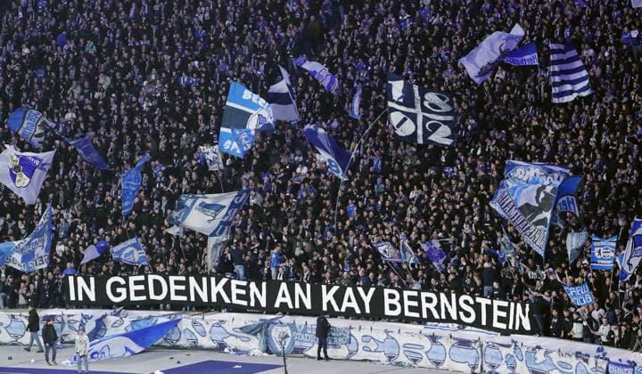 Poster, banner of the Hertha fans in memory of Kay Bernstein Sport Football Soccer DFL 2 Bundesliga Men 19 Matchday Season 2024 2025 25 12 2024 Hertha BSC Berlin vs Hamburger SV HSV DFL regulations prohibit any use of photographs as image sequences and or quasi video