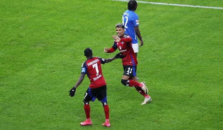 Ransford Königsdörffer cheers after 0 2 with Jean Luc Dompe joy emotion jubilation sport soccer soccer DFL 2 Bundesliga men 19 matchday season 2024 2025 25 12 2024 Hertha BSC Berlin vs Hamburger SV HSV DFL regulations prohibit any use of photographs as image sequences and or quasi video