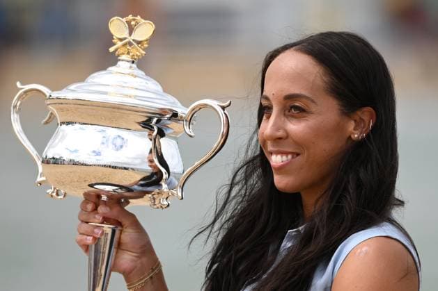 AUSTRALIAN OPEN WOMENS FINAL WINNER, Madison Key of the USA poses for a photograph the with the Daphne Akhurst Memorial Cup at the Brighton Bathing Boxes in Melbourne, Sunday, January 26, 2025. Madison Keys has claimed her maiden Grand Slam singles title, winning the Australian Open 2025 women?s crown at Melbourne Park. ( NO ARCHIVING, EDITORIAL USE ONLY, NO USE IN BOOKS WITHOUT CONSENT MELBOURNE VICTORIA AUSTRALIA  Copyright: xJOELxCARRETTx 20250126191787530338