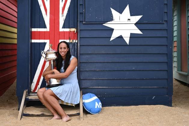 AUSTRALIAN OPEN WOMENS FINAL WINNER, Madison Key of the USA poses for a photograph the with the Daphne Akhurst Memorial Cup at the Brighton Bathing Boxes in Melbourne, Sunday, January 26, 2025. Madison Keys has claimed her maiden Grand Slam singles title, winning the Australian Open 2025 women?s crown at Melbourne Park. ( NO ARCHIVING, EDITORIAL USE ONLY, NO USE IN BOOKS WITHOUT CONSENT MELBOURNE VICTORIA AUSTRALIA  Copyright: xJOELxCARRETTx 20250126188952229230