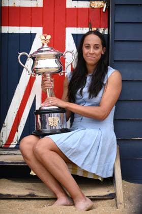AUSTRALIAN OPEN WOMENS FINAL WINNER, Madison Key of the USA poses for a photograph the with the Daphne Akhurst Memorial Cup at the Brighton Bathing Boxes in Melbourne, Sunday, January 26, 2025. Madison Keys has claimed her maiden Grand Slam singles title, winning the Australian Open 2025 women?s crown at Melbourne Park. ( NO ARCHIVING, EDITORIAL USE ONLY, NO USE IN BOOKS WITHOUT CONSENT MELBOURNE VICTORIA AUSTRALIA  Copyright: xJOELxCARRETTx 20250126127651318080