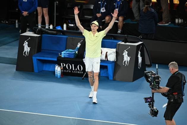TENNIS AUSTRALIAN OPEN, Jannik Sinner of Italy celebrates match point during his Men?s Singles final win over Alexander Zverev of Germany during the 2025 Australian Open at Melbourne Park in Melbourne, Sunday, January 26, 2025. ( NO ARCHIVING, EDITORIAL USE ONLY, NO USE IN BOOKS WITHOUT CONSENT MELBOURNE VICTORIA AUSTRALIA  Copyright: xJAMESxROSSx 20250126143352972253