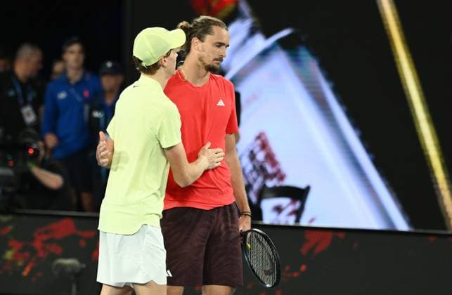 TENNIS AUSTRALIAN OPEN, Jannik Sinner of Italy reacts with Alexander Zverev of Germany following the Men?s singles final at the 2025 Australian Open at Melbourne Park in Melbourne, Sunday, January 26, 2025. ( NO ARCHIVING, EDITORIAL USE ONLY, NO USE IN BOOKS WITHOUT CONSENT MELBOURNE VICTORIA AUSTRALIA  Copyright: xJOELxCARRETTx 20250126157880950923