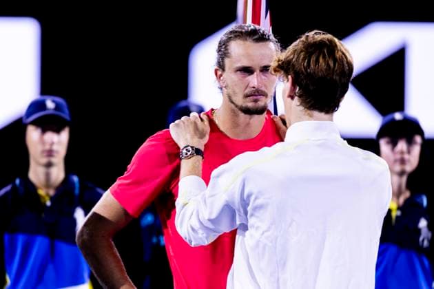 MELBOURNE, VIC - JANUARY 26: Jannik Sinner of italy speaks to Alexander Zverev of Germany after Men s Singles Final of the 2025 Australian Open on January 26 2025, at Melbourne Park in Melbourne, Australia. (Photo by Jason Heidrich Icon Sportswire) TENNIS: JAN 26 Australian Open EDITORIAL USE ONLY Icon250126011