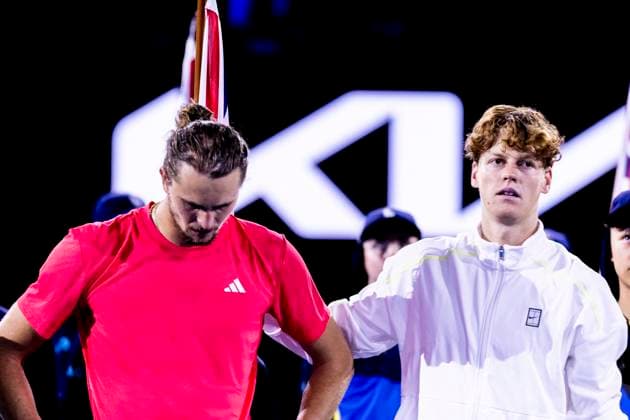 MELBOURNE, VIC - JANUARY 26: Jannik Sinner of italy speaks to Alexander Zverev of Germany after Men s Singles Final of the 2025 Australian Open on January 26 2025, at Melbourne Park in Melbourne, Australia. (Photo by Jason Heidrich Icon Sportswire) TENNIS: JAN 26 Australian Open EDITORIAL USE ONLY Icon250126013