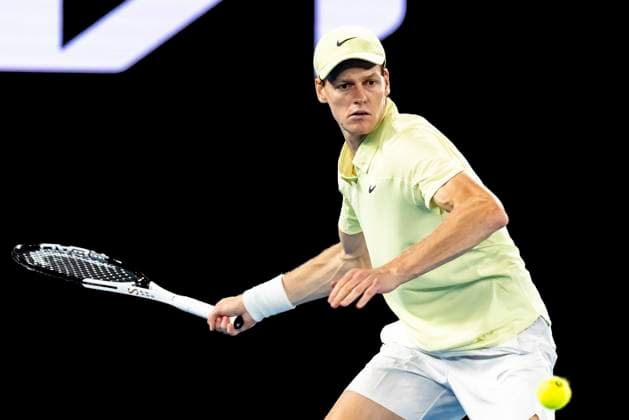 MELBOURNE, VIC - JANUARY 26: Jannik Sinner of Italy in action during the Men s Singles Final of the 2025 Australian Open on January 26 2025, at Melbourne Park in Melbourne, Australia. (Photo by Jason Heidrich Icon Sportswire) TENNIS: JAN 26 Australian Open EDITORIAL USE ONLY Icon250126099