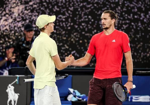 (250126) -- MELBOURNE, Jan. 26, 2025 -- Alexander Zverev (R) shakes hand with Jannik Sinner after the men s singles final between Jannik Sinner of Italy and Alexander Zverev of Germany at Australian Open tennis tournament in Melbourne, Australia, Jan. 26, 2025. ) (SP)AUSTRALIA-MELBOURNE-TENNIS-AUSTRALIAN OPEN-MEN S SINGLES-FINAL MaxPing 