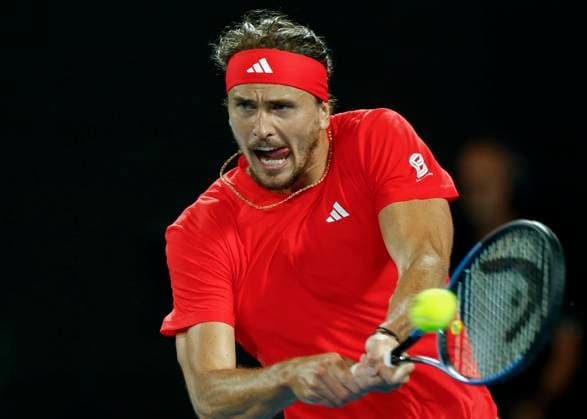 (250126) -- MELBOURNE, Jan. 26, 2025 -- Alexander Zverev hits a return during the men s singles final between Jannik Sinner of Italy and Alexander Zverev of Germany at Australian Open tennis tournament in Melbourne, Australia, Jan. 26, 2025. (Photo by Xinhua) (SP)AUSTRALIA-MELBOURNE-TENNIS-AUSTRALIAN OPEN-MEN S SINGLES-FINAL ChuxChen 