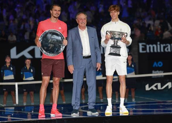Tennis legend John Newcombe with winner Jannik Sinner and finalist Alexander Zverev, award ceremony, Presentation, Australian Open 2025, Melbourne Park, Melbourne, Victoria, Australia Copyright: xJuergenxHasenkopfx