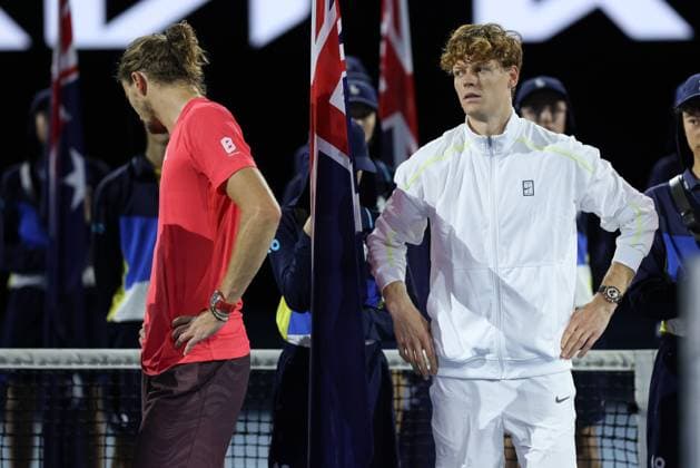 Winner Jannik Sinner and finalist Jannik Sinner during the award ceremony, Presentation Australian Open 2025, Melbourne Park, Melbourne, Victoria, Australia Copyright: xJuergenxHasenkopfx