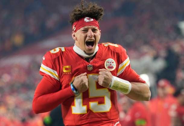 Kansas City Chiefs quarterback Patrick Mahomes (15) warms up before the start of the AFC Championship Game against the Buffalo Bills at Arrowhead Stadium in Kansas City, Missouri, on Sunday, January 26, 2025.  KCP20250126730 JONxROBICHAUD