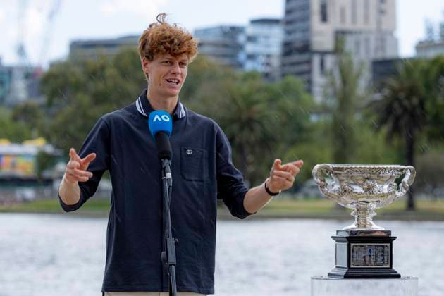 (250127) -- MELBOURNE, Jan. 27, 2025 -- Jannik Sinner of Italy speaks during the Australian Open winner photo shoot at the Albert Park Lake, in Melbourne, Australia, Jan. 27, 2025. (Photo by Xinhua) (SP)AUSTRALIA-MELBOURNE-TENNIS-AUSTRALIAN OPEN-TROPHY ChuxChen 