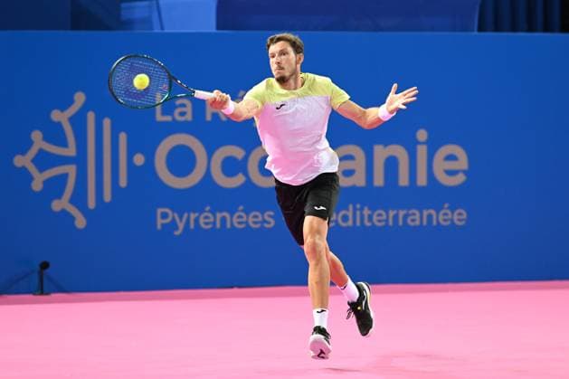 TENNIS : Open Sud de France ATP, Tennis Herren 250 - 27 01 2025 MONTPELLIER, FRANCE - JANUARY 27 : Aleksandar KOVACEVIC (USA) vs. Pablo CARRENO BUSTA (ESP) during the qualifying final of the ATP 250 Open Sud de France tournament in Montpellier, France on January 27th, 2025. MontpellierFrance  Copyright: xValentinaxClaretx