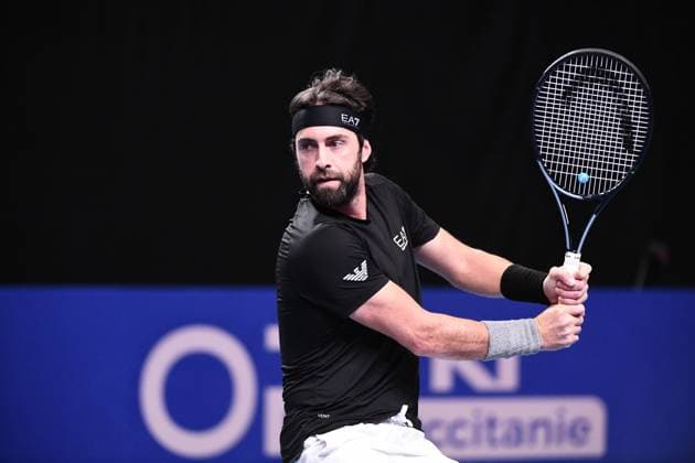 TENNIS : Open Sud de France ATP, Tennis Herren 250 - 27 01 2025 MONTPELLIER, FRANCE - JANUARY 27 : Nikoloz BASILASHVILI (GEO) vs. Titouan DROGUET (FRA) during the qualifying final of the ATP 250 Open Sud de France tournament in Montpellier, France on January 27th, 2025. MontpellierFrance  Copyright: xValentinaxClaretx