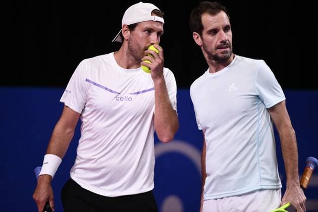 TENNIS : Open Sud de France ATP, Tennis Herren 250 - 27 01 2025 MONTPELLIER, FRANCE - JANUARY 27 : Robin HAASE (NED) - Botic VAN DE ZANDSCHULP (NED) vs. Richard GASQUET (FRA) - Lucas POUILLE (FRA) during the qualifying final of the ATP 250 Open Sud de France tournament in Montpellier, France on January 27th, 2025. MontpellierFrance  Copyright: xValentinaxClaretx