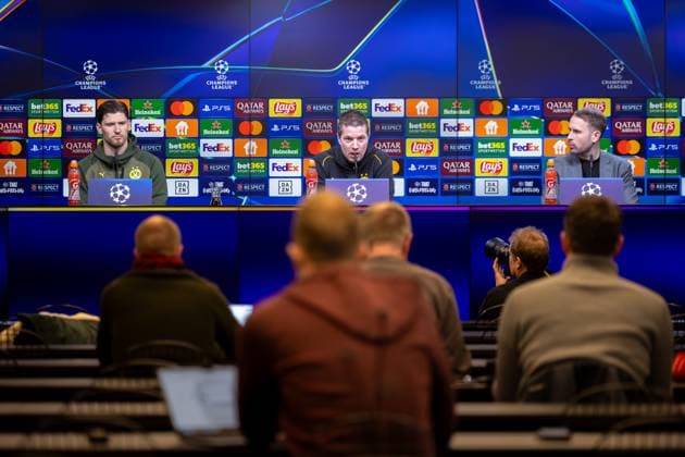 28 01 2025, Press conference for the UEFA Champions League match between Borussia Dortmund and Shakhtar Donetsk with goalkeeper Gregor Kobel Borussia Dortmund , head coach Mike Tullberg Borussia Dortmund , press spokesman Sven Westerschulze Borussia Dortmund , Dortmund Signal Iduna Park NRW Germany xRHR PHOTO DEx Copyright: DennisxEwert RHR-FOTOx RHR-FOTO DE