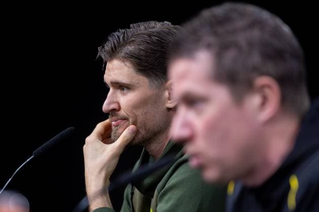 28 01 2025, Press conference for the UEFA Champions League match between Borussia Dortmund and Shakhtar Donetsk with goalkeeper Gregor Kobel Borussia Dortmund and head coach Mike Tullberg Borussia Dortmund , Dortmund Signal Iduna Park NRW Germany xRHR PHOTO DEx Copyright: DennisxEwert RHR-FOTOx RHR-FOTO DE
