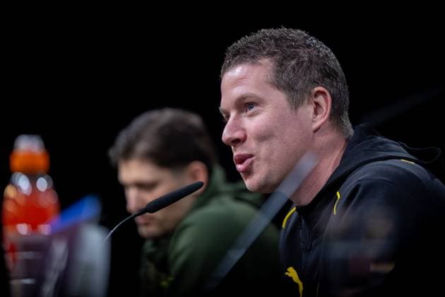 28 01 2025, Press conference for the UEFA Champions League match between Borussia Dortmund and Shakhtar Donetsk with goalkeeper Gregor Kobel Borussia Dortmund and head coach Mike Tullberg Borussia Dortmund , Dortmund Signal Iduna Park NRW Germany xRHR PHOTO DEx Copyright: DennisxEwert RHR-FOTOx RHR-FOTO DE