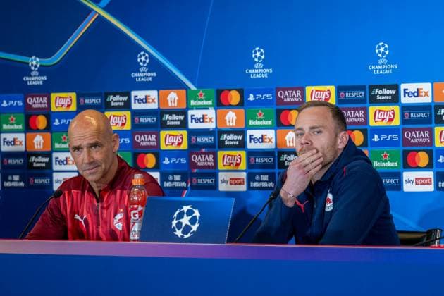 SOCCER - UEFA CL, RBS vs Atletico SALZBURG,AUSTRIA,28.JAN.25 - SOCCER - UEFA Champions League, Red Bull Salzburg vs Atletico Madrid, preview, press conference, PK, Pressekonferenz RBS. Image shows head coach Thomas Letsch and Alexander Schlager (RBS).  GEPAxpictures xWolfgangxKofler