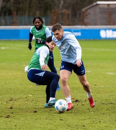 Soccer, Men, Season 2024 2025, 2 Bundesliga, Hertha BSC, Training, f l Ibrahim Maza Hertha BSC , Jonjoe Kenny Hertha BSC , 28 01 2025, Copyright: xMatthiasxKochx