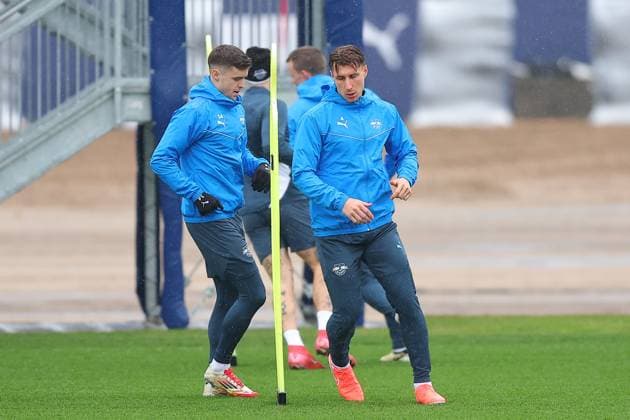 RB Leipzig Training Champions League Leipzig, 28 01 2025, RBL Training Center, UEFA Champions League, RB LEIPZIG Final training before tomorrows match at Sturm Graz , In the picture Christoph Baumgartner and Willi Orban , For editorial use only Editorial use only ,