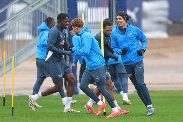 RB Leipzig Training Champions League Leipzig, 28 01 2025, RBL Training Center, UEFA Champions League, RB LEIPZIG Final training before tomorrows match at Sturm Graz , In the picture from l Antonio Nusa and Yussuf Yurary Poulsen , For editorial use only Editorial use only ,