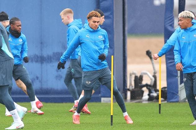 RB Leipzig Training Champions League Leipzig, 28 01 2025, RBL Training Center, UEFA Champions League, RB LEIPZIG Final training before tomorrows match at Sturm Graz , In the picture Antonio Nusa , For editorial use only Editorial use only ,