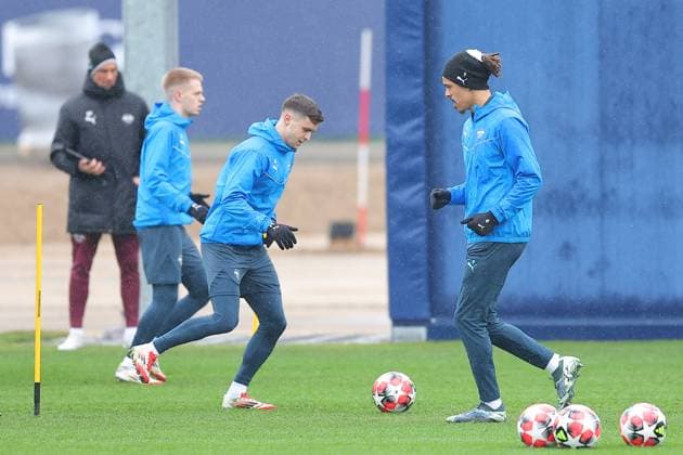 RB Leipzig Training Champions League Leipzig, 28 01 2025, RBL Training Center, UEFA Champions League, RB LEIPZIG Final training before tomorrows match at Sturm Graz , In the picture from l Christoph Baumgartner and Yussuf Yurary Poulsen , For editorial use only Editorial use only ,