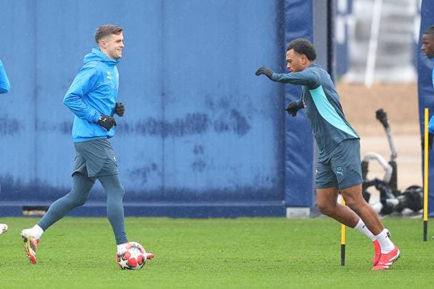 RB Leipzig Training Champions League Leipzig, 28 01 2025, RBL Training Center, UEFA Champions League, RB LEIPZIG Final training before tomorrows match at Sturm Graz , In the picture from l Christoph Baumgartner and Lois Openda , For editorial use only Editorial use only ,