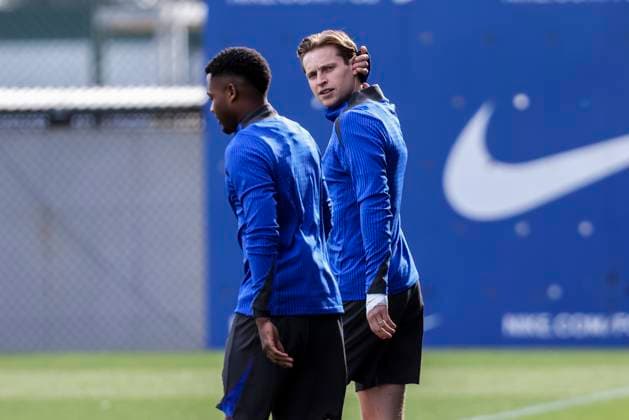 January 28, 2025, Sant Joan Despi, Barcelona, SPAIN: Frenkie de Jong and Ansu Fati during the training day of FC Barcelona, Barca ahead UEFA Champions League, football match against Atalanta BC at Ciudad Esportiva Joan Gamper on January 28, 2025 in Sant Joan Despi, Barcelona, Spain. Sant Joan Despi SPAIN - ZUMAa181 20250128_zaa_a181_003 Copyright: xJavierxBorregox
