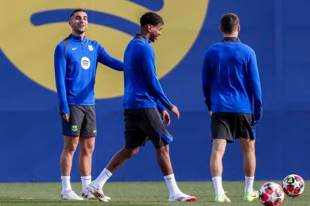 January 28, 2025, Sant Joan Despi, Barcelona, SPAIN: Ferran Torres and Lamine Yamal during the training day of FC Barcelona, Barca ahead UEFA Champions League, football match against Atalanta BC at Ciudad Esportiva Joan Gamper on January 28, 2025 in Sant Joan Despi, Barcelona, Spain. Sant Joan Despi SPAIN - ZUMAa181 20250128_zaa_a181_012 Copyright: xJavierxBorregox