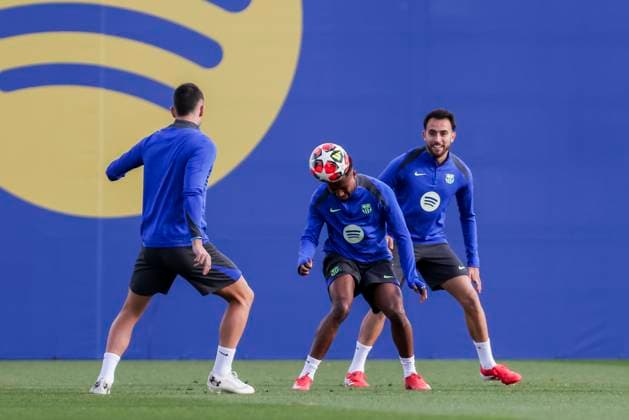 January 28, 2025, Sant Joan Despi, Barcelona, SPAIN: Ansu Fati and Eric Garcia during the training day of FC Barcelona, Barca ahead UEFA Champions League, football match against Atalanta BC at Ciudad Esportiva Joan Gamper on January 28, 2025 in Sant Joan Despi, Barcelona, Spain. Sant Joan Despi SPAIN - ZUMAa181 20250128_zaa_a181_023 Copyright: xJavierxBorregox