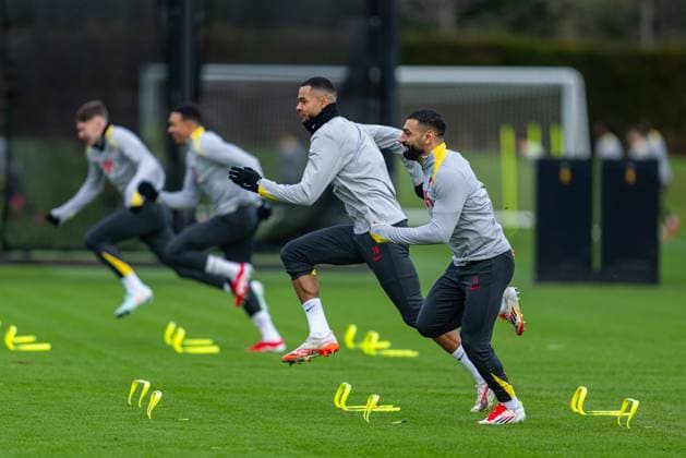 Football - UEFA Champions League - League Phase - PSV Eindhoven v Liverpool FC - MD-1 LIVERPOOL, ENGLAND - Tuesday, January 28, 2025: Liverpool s Cody Gakpo and Mohamed Salah during a training session at the AXA Training Centre ahead of the UEFA Champions League match between PSV Eindhoven and Liverpool FC. (Photo by Jon Super Propaganda) LIVERPOOL AXA Training Centre MERSEYSIDE ENGLAND  Copyright: xDavidxRawcliffex P2025-01-28-PSV_Liverpool_MD-1-7