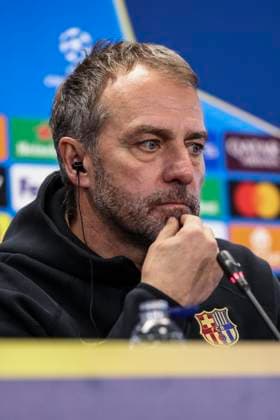 January 28, 2025, Sant Joan Despi, Barcelona, SPAIN: Hansi Flick, head coach of FC Barcelona, Barca attends his press conference, PK, Pressekonferenz during the training day of FC Barcelona ahead the UEFA Champions League, football match against Atalanta BC at Ciudad Esportiva Joan Gamper on January 28, 2025 in Sant Joan Despi, Barcelona, Spain. Sant Joan Despi SPAIN - ZUMAa181 20250128_zaa_a181_058 Copyright: xJavierxBorregox