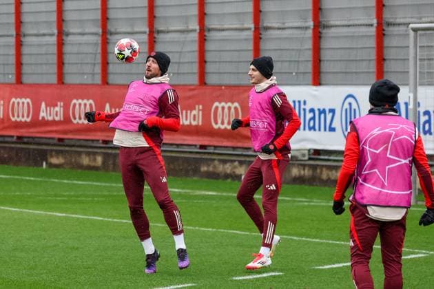 Harry Kane FC Bayern Muenchen, 09 with ball, with Josip Stanisic FC Bayern Muenchen, 44 , GER, Final training, FC Bayern Muenchen, Football, UEFA Champions League, Matchday 8, 2024 2025 season, 28 01 2025, GER, Final training, FC Bayern Muenchen, Football, UEFA Champions League, Matchday 8, 2024 2025 season, 28 01 2025 Muenchen Copyright: xEibner-Pressefoto JennixMaulx EP_JML