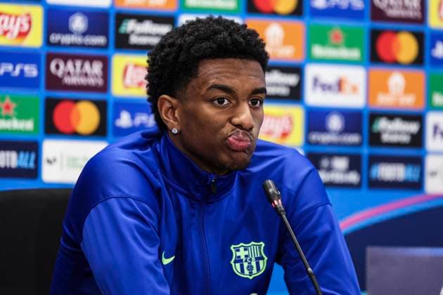 January 28, 2025, Sant Joan Despi, Barcelona, SPAIN: Alejandro Balde attends his press conference, PK, Pressekonferenz during the training day of FC Barcelona, Barca ahead the UEFA Champions League, football match against Atalanta BC at Ciudad Esportiva Joan Gamper on January 28, 2025 in Sant Joan Despi, Barcelona, Spain. Sant Joan Despi SPAIN - ZUMAa181 20250128_zaa_a181_040 Copyright: xJavierxBorregox