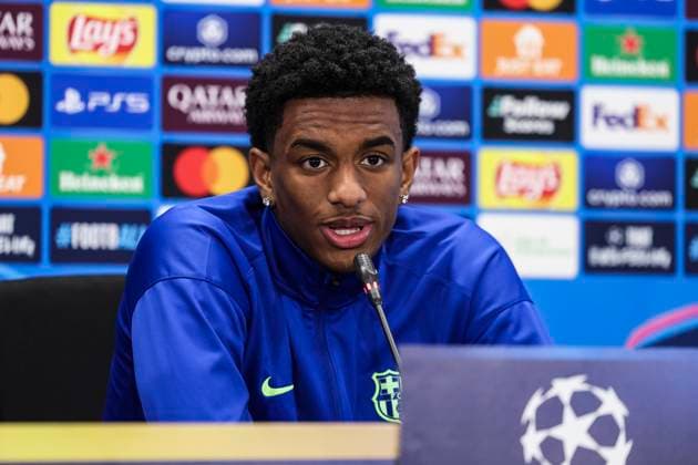 January 28, 2025, Sant Joan Despi, Barcelona, SPAIN: Alejandro Balde attends his press conference, PK, Pressekonferenz during the training day of FC Barcelona, Barca ahead the UEFA Champions League, football match against Atalanta BC at Ciudad Esportiva Joan Gamper on January 28, 2025 in Sant Joan Despi, Barcelona, Spain. Sant Joan Despi SPAIN - ZUMAa181 20250128_zaa_a181_054 Copyright: xJavierxBorregox