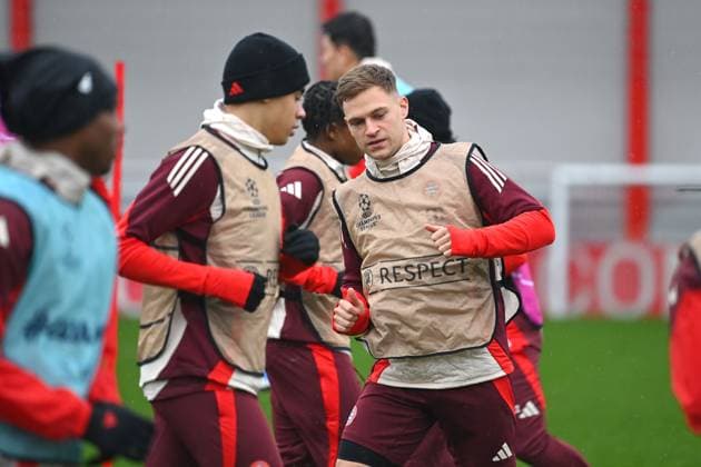 Joshua KIMMICH Bayern Muenchen , Jamal MUSIALA Bayern Muenchen , action final training, training football Champions League league phase, FC Bayern Muenchen SK Slovan Bratislava on 29 01 2025 , A L L I A N Z A R E N A