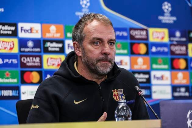 January 28, 2025, Sant Joan Despi, Barcelona, SPAIN: Hansi Flick, head coach of FC Barcelona, Barca attends his press conference, PK, Pressekonferenz during the training day of FC Barcelona ahead the UEFA Champions League, football match against Atalanta BC at Ciudad Esportiva Joan Gamper on January 28, 2025 in Sant Joan Despi, Barcelona, Spain. Sant Joan Despi SPAIN - ZUMAa181 20250128_zaa_a181_068 Copyright: xJavierxBorregox